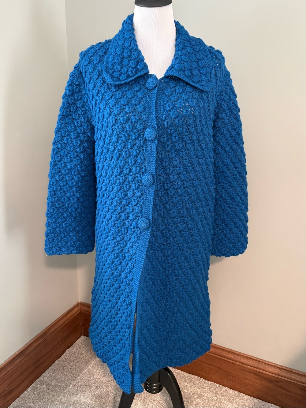 💙🧶 Beatiful Blue Handmade Crochet Pea Coat Trench Jacket for Fall 🍁